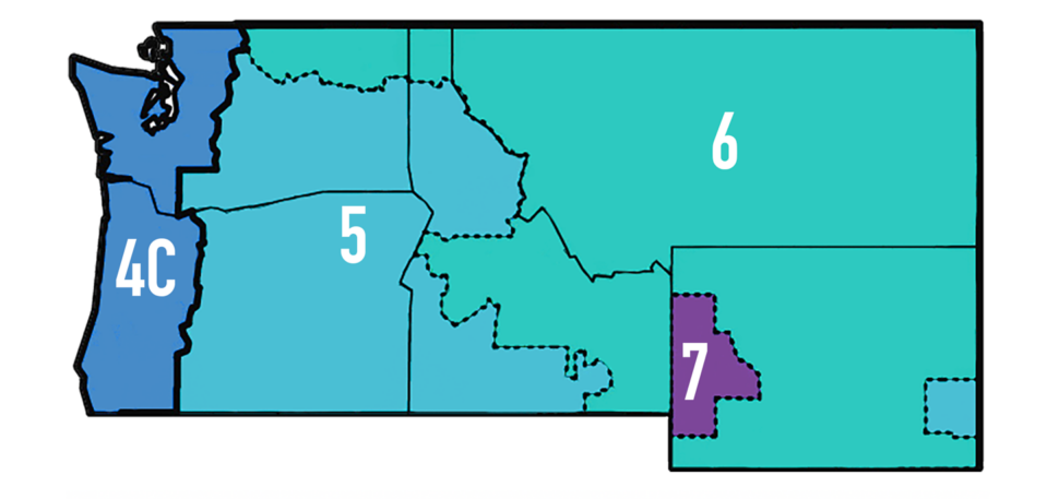 Map of climate zones in the Northwest, with 4C in the west, 5 east of the Cascades,6 in Montana, Wyoming, and parts of Idaho, and 7 in the Tetons.